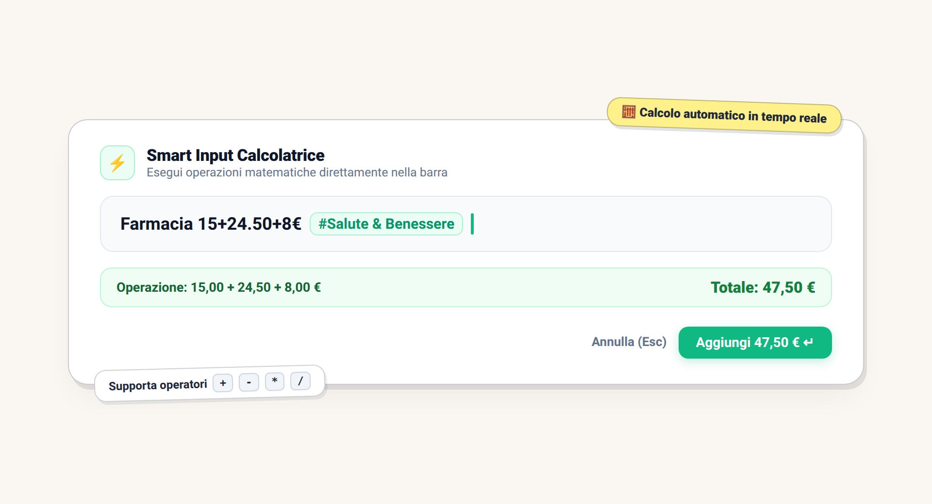 Calcolo immediato delle operazioni matematiche direttamente nello Smart Input di Saveist